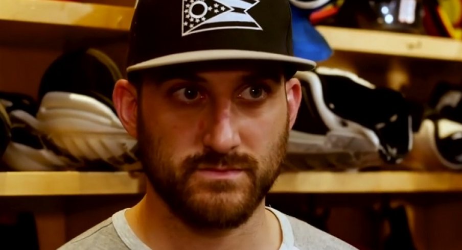 Nick Foligno talks to the assembled media after Game 3 of the 2019 Stanley Cup Playoffs