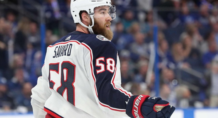 Columbus Blue Jackets defenseman David Savard (58) during the third period of game two of the first round of the 2019 Stanley Cup Playoffs at Amalie Arena.