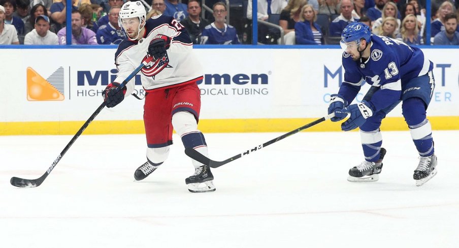 Columbus Blue Jackets forward Oliver Bjorkstrand shoots during the second period of Game 2 at Amalie Arena.