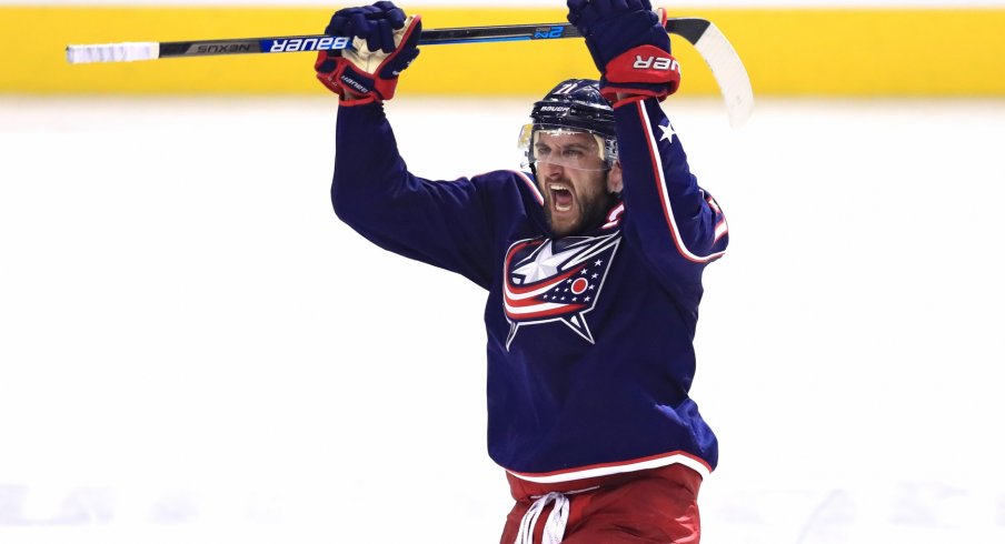 Nick Foligno pumps up the crowd after the Columbus Blue Jackets swept the Tampa Bay Lightning. 