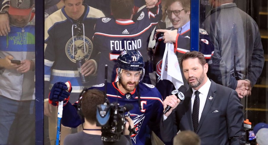 Nick Foligno talks to Jody Shelley after the Blue Jackets' Game 4 win over the Tampa Bay Lightning. 