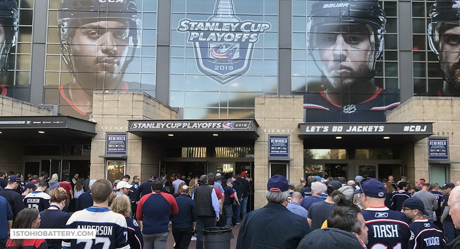 Fans stream into Nationwide Arena for Game 4 of the Blue Jackets' first round series with the Tampa Bay Lightning.