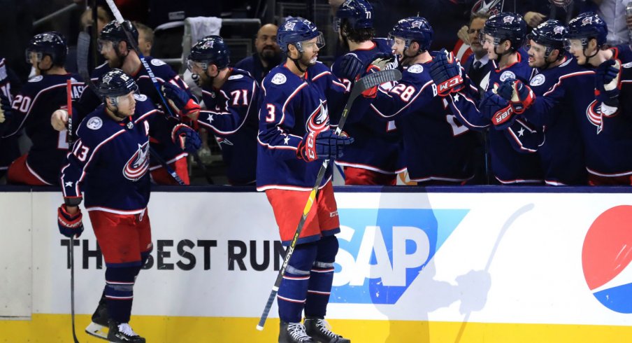 Seth Jones celebrates a goal in the playoffs.