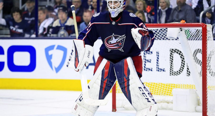 Columbus Blue Jackets goaltender Sergei Bobrovsky prepares to face a shot in the first round of the Stanley Cup Playoffs at Nationwide Arena.