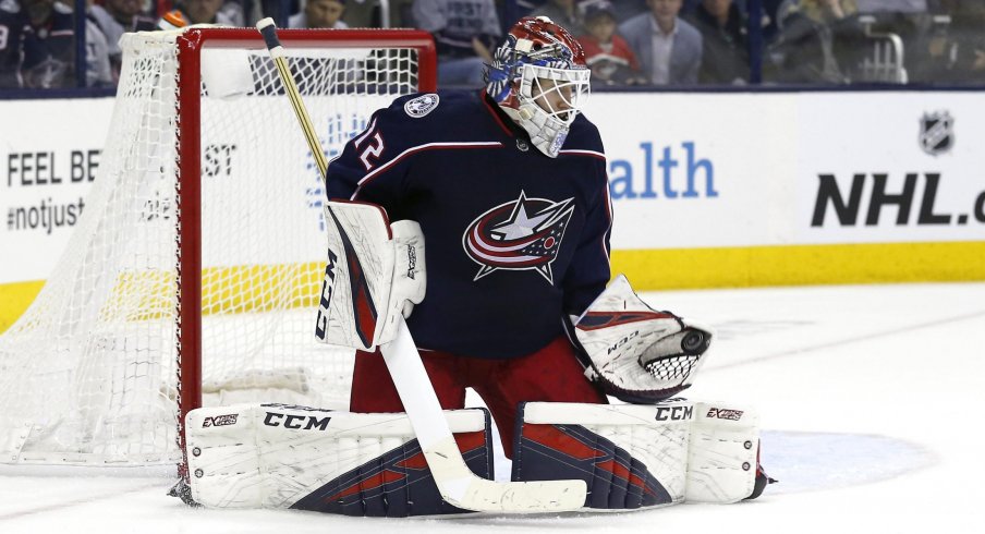 Apr 30, 2019; Columbus, OH, USA; Columbus Blue Jackets goaltender Sergei Bobrovsky (72) makes a glove save in net against the Boston Bruins in the second period during game three of the second round of the 2019 Stanley Cup Playoffs at Nationwide Arena.