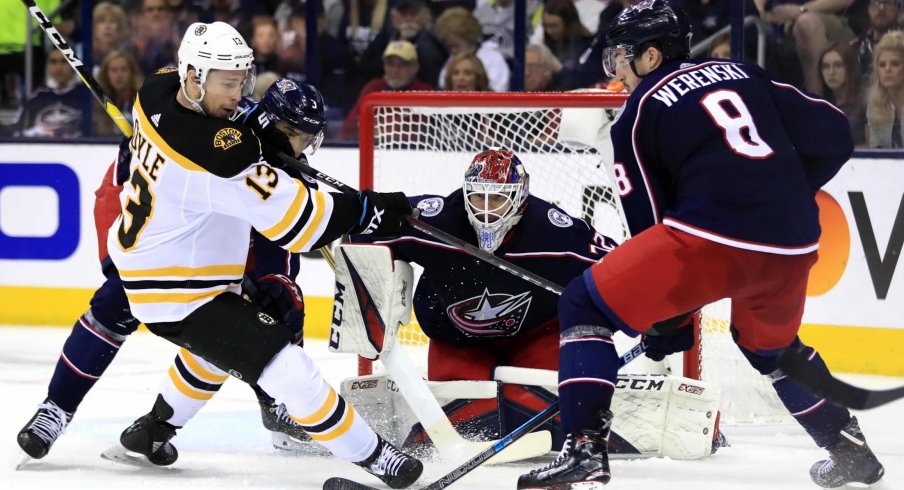 May 2, 2019; Columbus, OH, USA; Columbus Blue Jackets defenseman Seth Jones (3) collides with Boston Bruins center Charlie Coyle (13) as Columbus Blue Jackets goaltender Sergei Bobrovsky (72) defends the net in the second period during game four of the second round of the 2019 Stanley Cup Playoffs at Nationwide Arena.