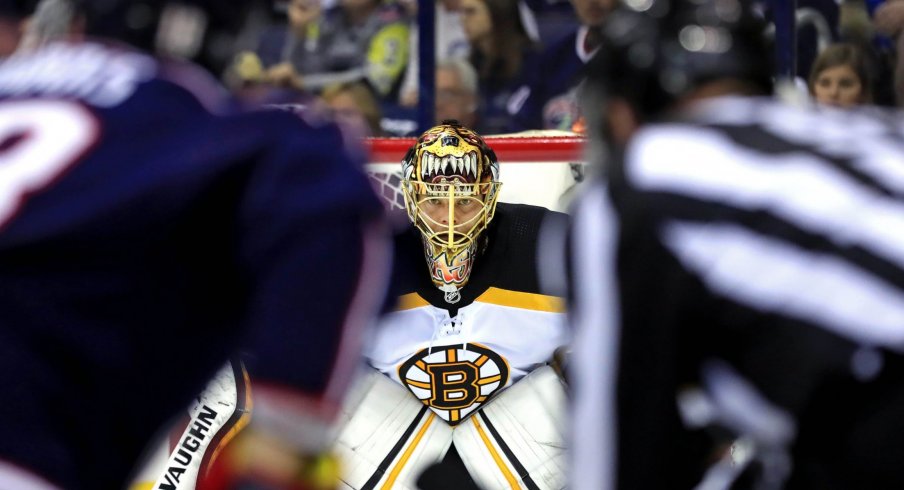 Boston Bruins goaltender Tuukka Rask (40) awaits the face-off against the Columbus Blue Jackets in the first period during game four of the second round of the 2019 Stanley Cup Playoffs at Nationwide Arena.