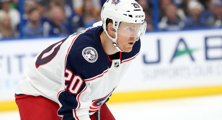 Columbus Blue Jackets center Riley Nash lines up for a face-off during Game 1 of the Stanley Cup Playoffs.