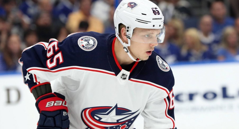 Columbus Blue Jackets defenseman Markus Nutivaara (65) during the first period of game two of the first round of the 2019 Stanley Cup Playoffs at Amalie Arena.