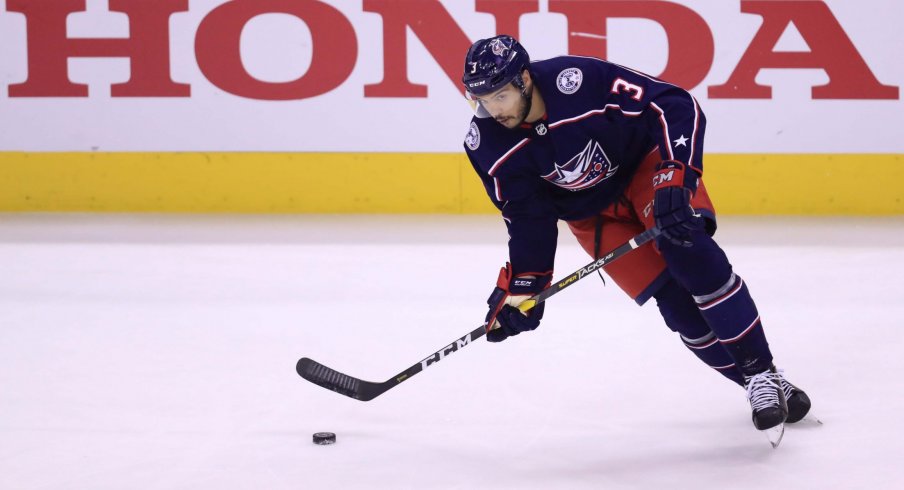 Columbus Blue Jackets defenseman Seth Jones (3) controls the puck against the Boston Bruins in the first period during game six of the second round of the 2019 Stanley Cup Playoffs at Nationwide Arena.