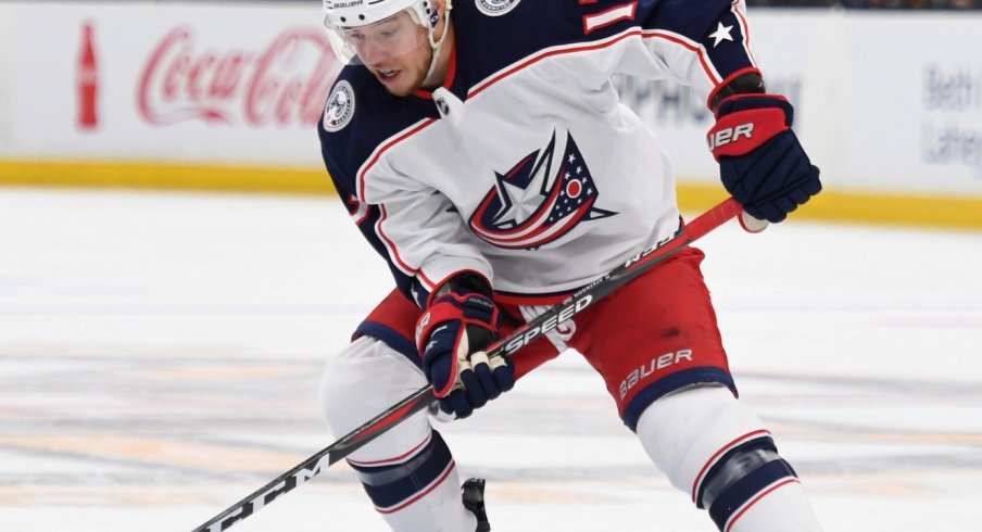 Columbus Blue Jackets forward Cam Atkinson skates with the puck against the St. Louis Blues at Nationwide Arena.