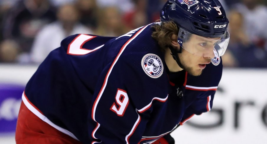 Apr 16, 2019; Columbus, OH, USA; Columbus Blue Jackets left wing Artemi Panarin (9) against the Tampa Bay Lightning in game four of the first round of the 2019 Stanley Cup Playoffs at Nationwide Arena.