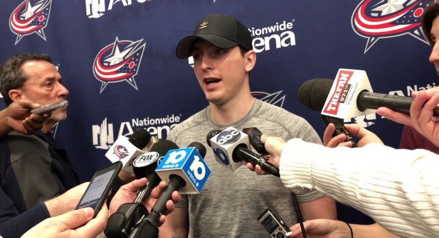 Columbus Blue Jackets forward Matt Duchene answers questions during his 2019 exit interview.