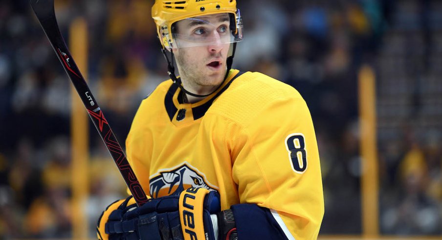 Nashville Predators center Kyle Turris prepares for a face-off during a game at Bridgestone Arena.