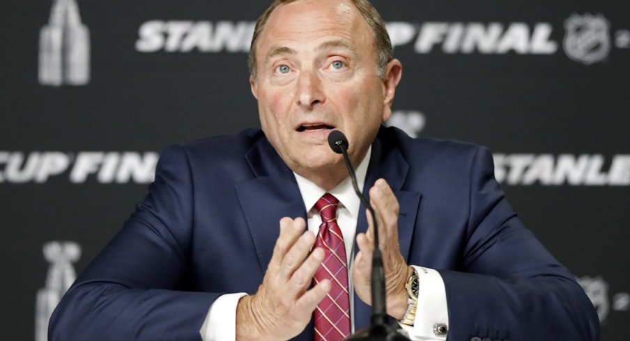 NHL commissioner Gary Bettman speaks at a press conference before game one of the 2019 Stanley Cup Final between the Boston Bruins and the St. Louis Blues at TD Garden.