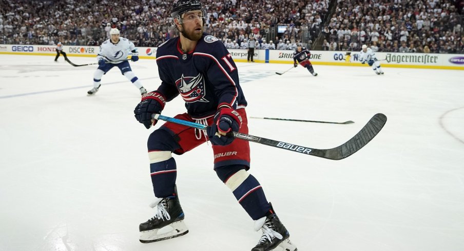 Brandon Dubinsky reads the play against the Tampa Bay Lightning during Game 3 of the Stanley Cup Playoffs at Nationwide Arena.