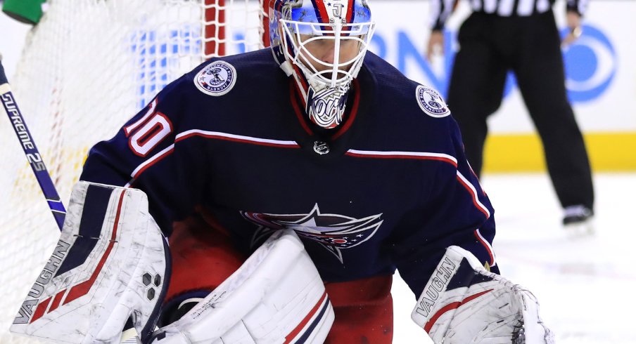 Columbus Blue Jackets Goaltender Joonas Korpisalo reacts to a puck headed in his direction against the Edmonton Oilers at Nationwide Arena.