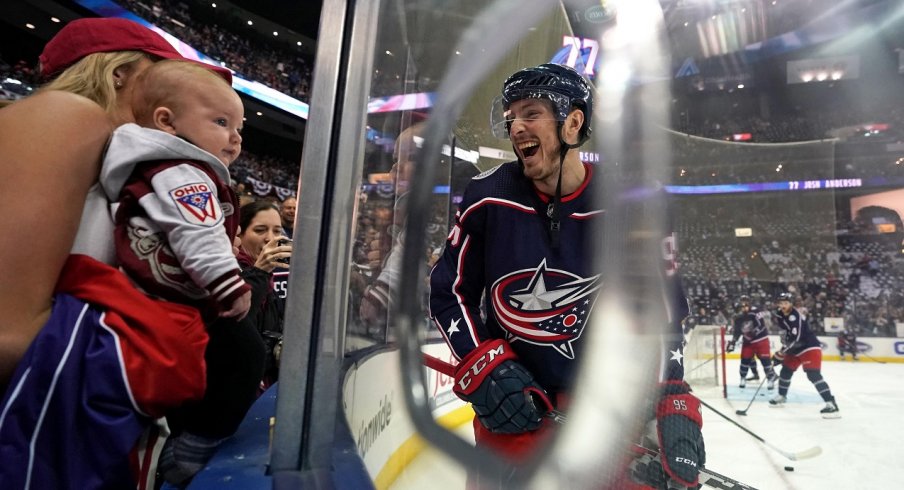 Columbus Blue Jackets center Matt Duchene (95) reacts to his wife and son prior to game four against the Boston Bruins in the second round of the 2019 Stanley Cup Playoffs at Nationwide Arena.