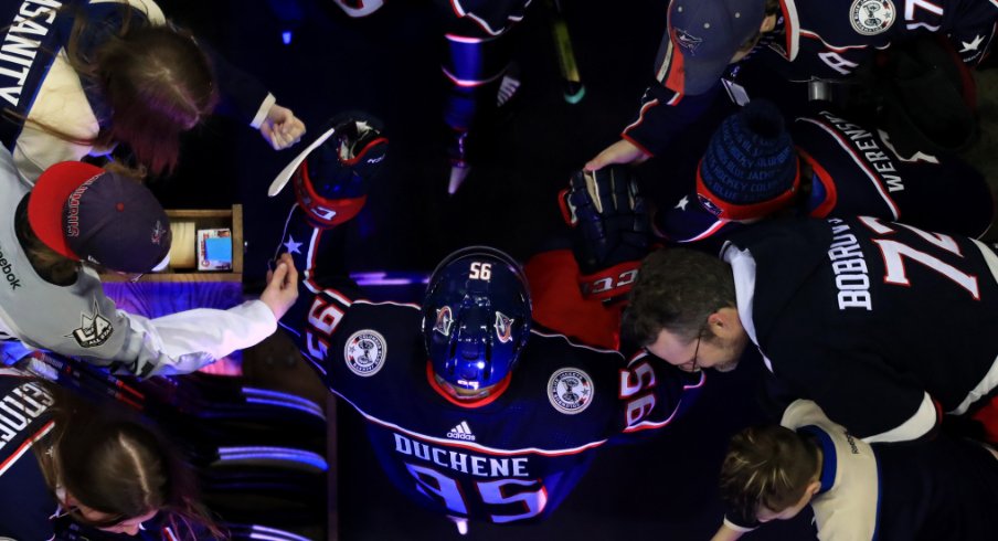 Columbus Blue Jackets Center Matt Duchene interacts with fans prior to his home debut with the team against the San Jose Sharks