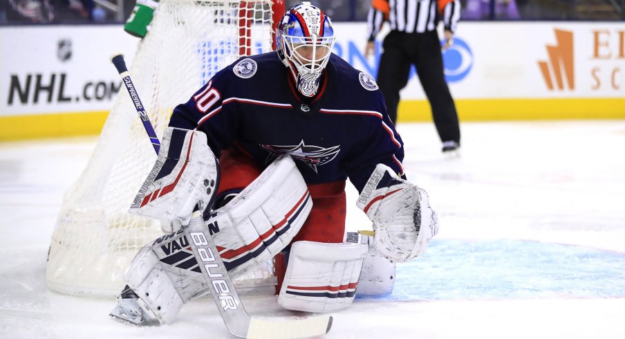 Columbus Blue Jackets goaltender Joonas Korpisalo (70) makes a save in net against the Edmonton Oilers in the third at Nationwide Arena. 