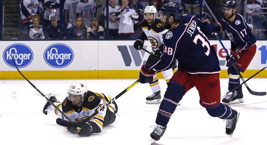 Apr 30, 2019; Columbus, OH, USA; Columbus Blue Jackets center Boone Jenner (38) scores a goal on a shot against Boston Bruins defenseman Connor Clifton (75) in the first period during game three of the second round of the 2019 Stanley Cup Playoffs at Nationwide Arena.