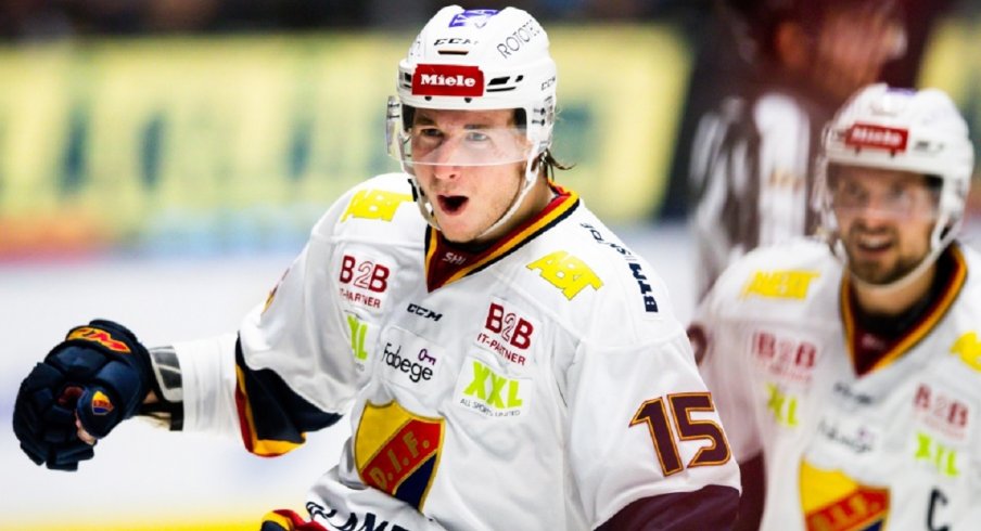 Jakob Lilja celebrates a goal in the SHL