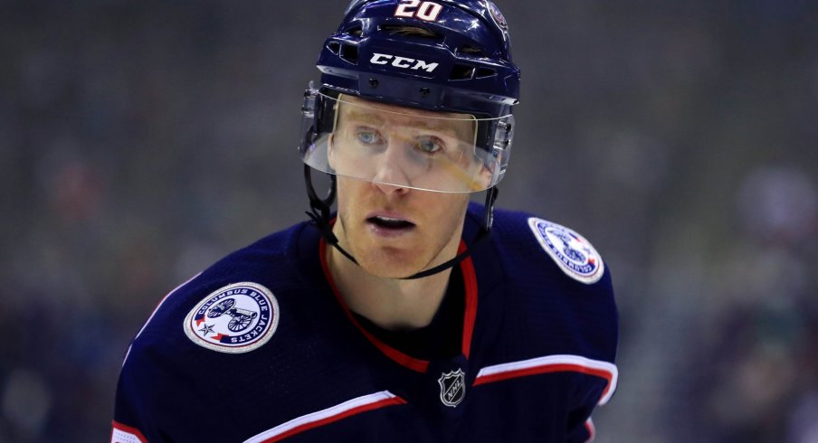 Feb 23, 2019; Columbus, OH, USA; Columbus Blue Jackets center Riley Nash (20) against the San Jose Sharks at Nationwide Arena.