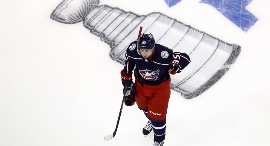 Columbus Blue Jackets center Matt Duchene waits for a face-off during Game 3 of the Stanley Cup Playoffs at Nationwide Arena.