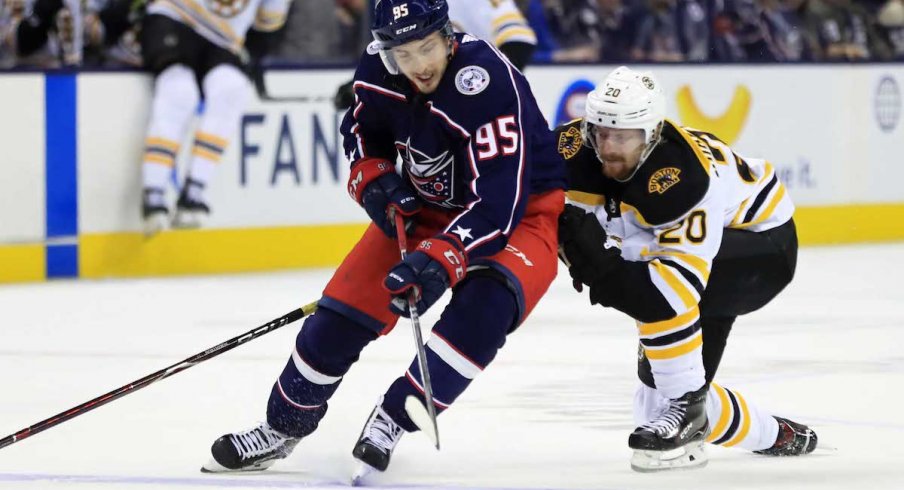 Columbus Blue Jackets center Matt Duchene protects the puck against Joakim Nordstrom during the Stanley Cup Playoffs at Nationwide Arena.