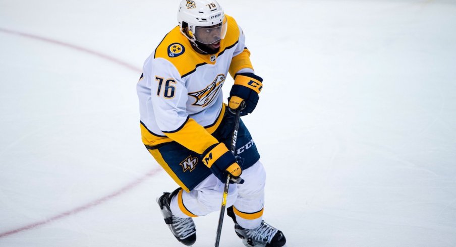 Nashville Predators defenseman P.K. Subban (76) in action during the game between the Stars and the Predators in game six of the first round of the 2019 Stanley Cup Playoffs at American Airlines Center.