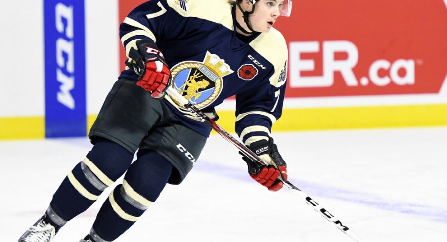 Tyler Angle skates up the ice for the Windsor Spitfires.