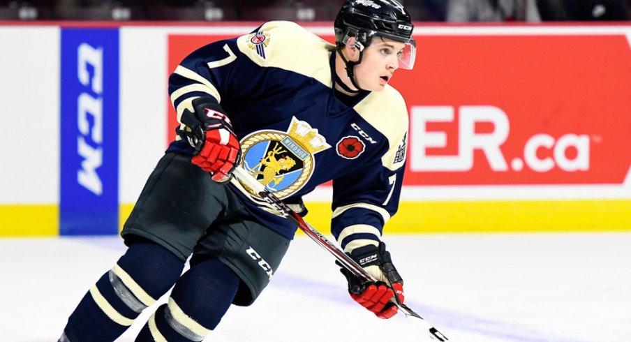 Tyler Angle skates up the ice for the Windsor Spitfires.