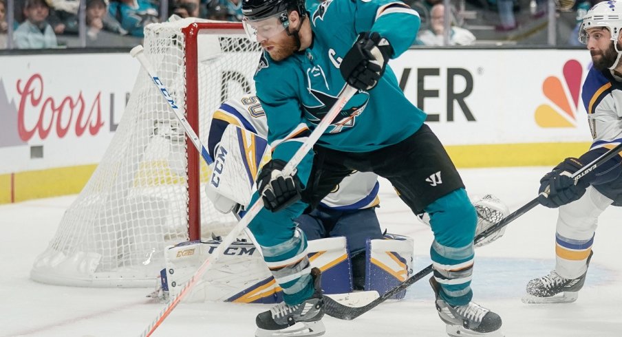 San Jose Sharks center Joe Pavelski (8) controls the puck against the St. Louis Blues during the second period in Game 5 of the Western Conference Final of the 2019 Stanley Cup Playoffs at SAP Center at San Jose. 