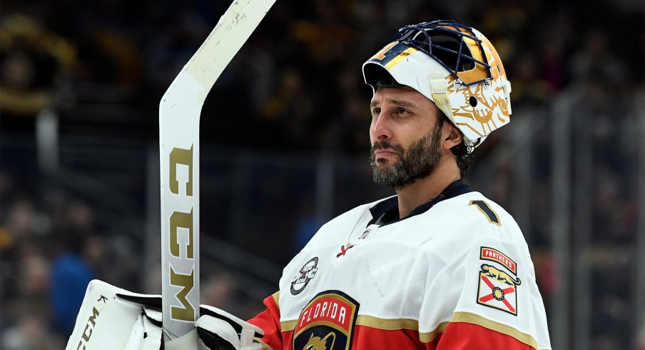 Mar 30, 2019; Boston, MA, USA; Florida Panthers goaltender Roberto Luongo (1) skates during a time out in the third period against the Boston Bruins at the TD Garden.