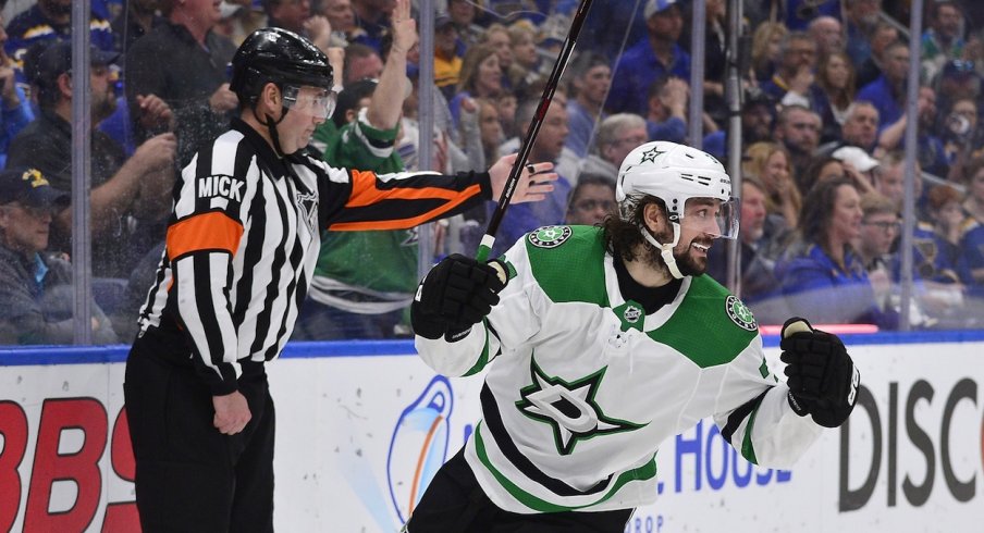 Dallas Stars center Mats Zuccarello (36) celebrates after scoring against St. Louis Blues goaltender Jordan Binnington (not pictured) during the first period in game seven of the second round of the 2019 Stanley Cup Playoffs at Enterprise Center. 