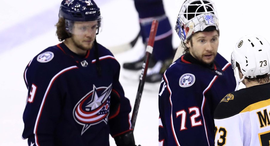 Columbus Blue Jackets forward Artemi Panarin and goaltender Sergei Bobrovsky shake hands after losing in six game to the Bruins in the 2019 Stanley Cup Playoffs