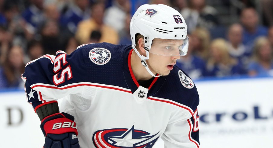 Columbus Blue Jackets defenseman Markus Nutivaara (65) during the first period of game two of the first round of the 2019 Stanley Cup Playoffs at Amalie Arena.