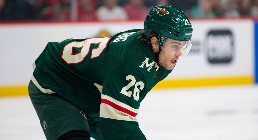  Minnesota Wild forward Pontus Aberg (26) looks on from the ice in the first period against Anaheim Ducks at Xcel Energy Center.