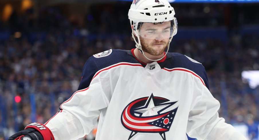 Scott Harrington plays against the Tampa Bay Lightning in the first round of the 2019 playoffs