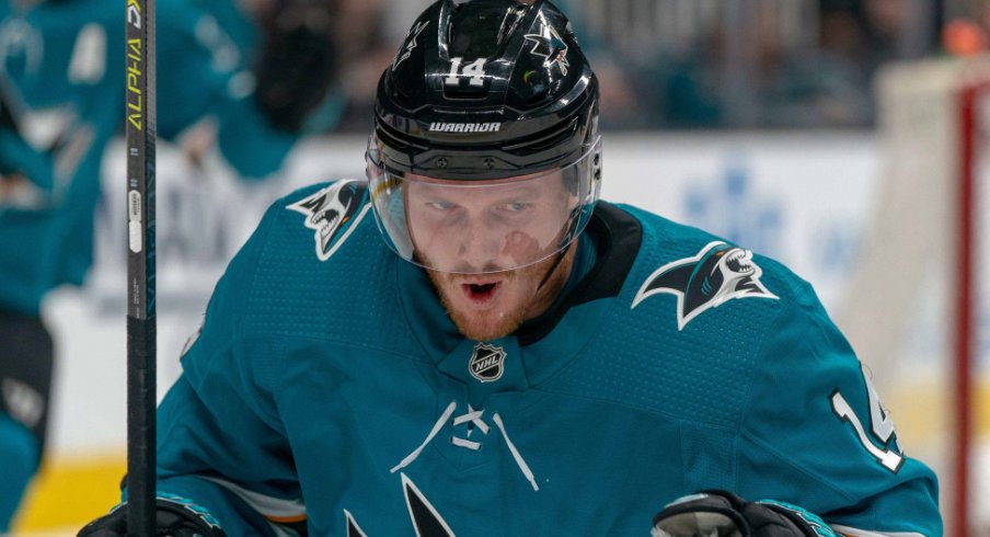 San Jose Sharks forward Gustav Nyquist celebrates after scoring a goal in the first game of the second round of the 2019 Stanley Cup Playoffs against the Colorado Avalanche