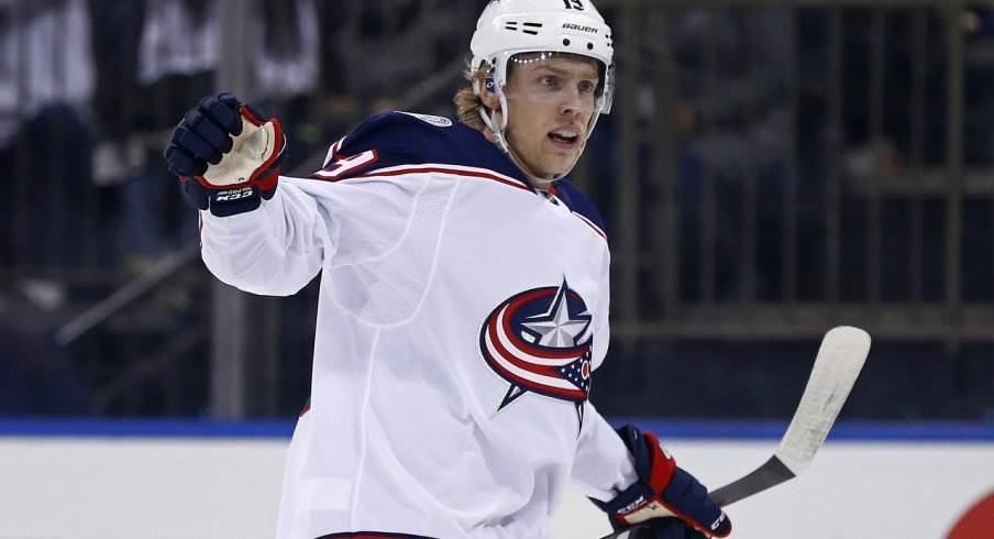 Columbus Blue Jackets center Ryan Dzingel (19) celebrates after scoring a goal against the New York Rangers during the third period at Madison Square Garden