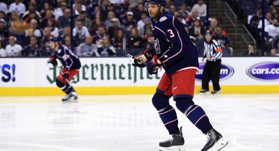 Seth Jones skates in game four of the first round of the 2019 Stanley Cup Playoffs at Nationwide Arena