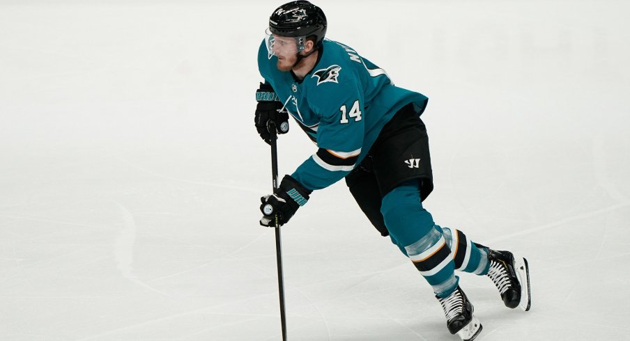 May 19, 2019; San Jose, CA, USA; San Jose Sharks center Gustav Nyquist (14) controls the puck against the St. Louis Blues during the first period in Game 5 of the Western Conference Final of the 2019 Stanley Cup Playoffs at SAP Center at San Jose.