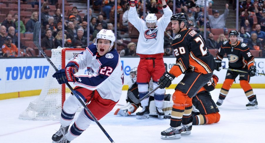 Columbus Blue Jackets left wing Sonny Milano (22) celebrates after scoring a first period goal against the Anaheim Ducks at Honda Center.