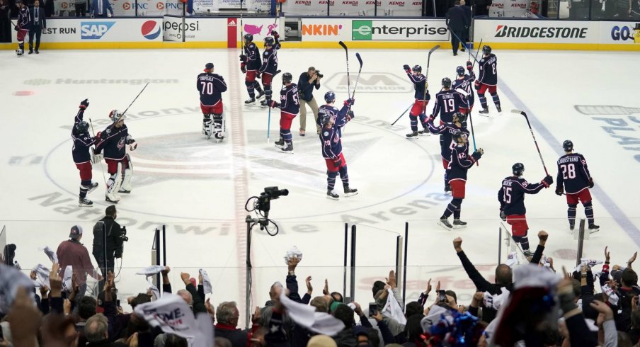Apr 16, 2019; Columbus, OH, USA; The Columbus Blue Jackets celebrate defeating the Tampa Bay Lightning in game four of the first round of the 2019 Stanley Cup Playoffs at Nationwide Arena.