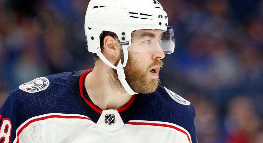 Columbus Blue Jackets defenseman David Savard skates in a matchup against the Tampa Bay Lightning at Amalie Arena during January of 2019.