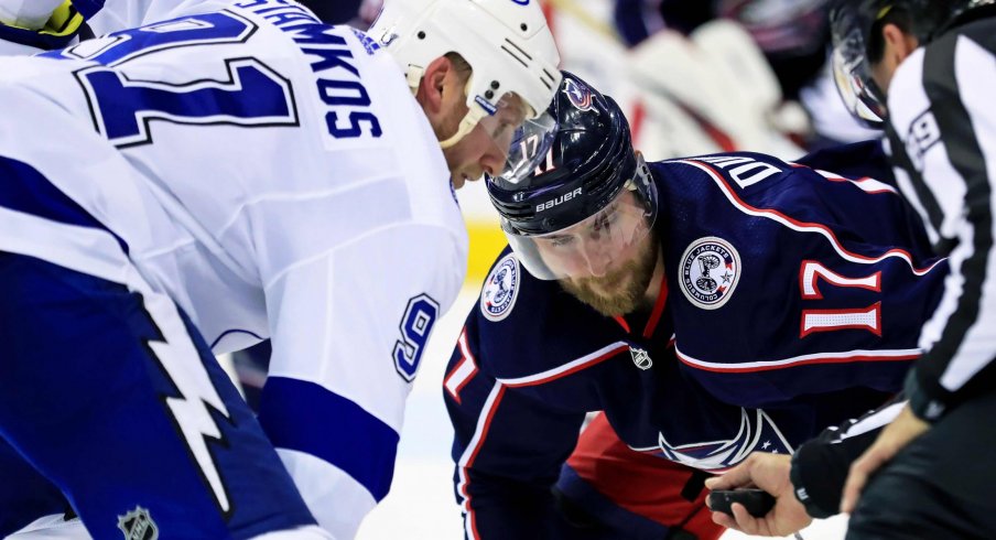 Apr 16, 2019; Columbus, OH, USA; Tampa Bay Lightning center Steven Stamkos (91) battles against Columbus Blue Jackets center Brandon Dubinsky (17) during game four of the first round of the 2019 Stanley Cup Playoffs at Nationwide Arena.