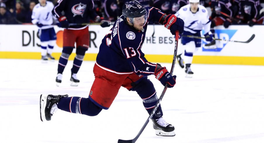 Apr 14, 2019; Columbus, OH, USA; Columbus Blue Jackets right wing Cam Atkinson (13) scores a goal on an empty net against the Tampa Bay Lightning during the third period in game three of the first round of the 2019 Stanley Cup Playoffs at Nationwide Arena.