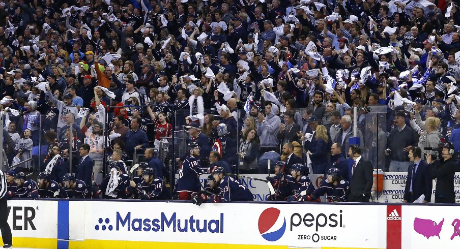 The fans at Nationwide Arena show their support for the Columbus Blue Jackets during game three of their second-round matchup against the Boston Bruins in the 2019 Stanley Cup Playoffs.