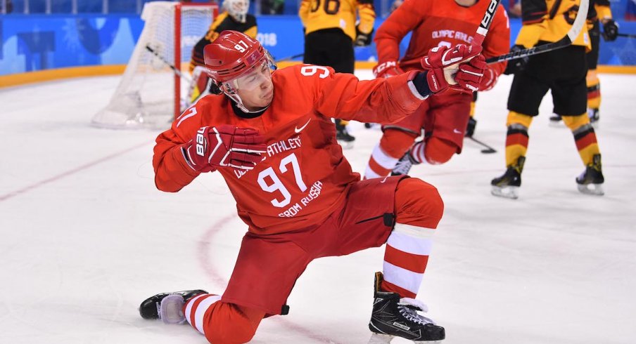 Russian forward Nikita Gusev celebrates a goal scored against Germany in the 2018 Olympic Winter Games.